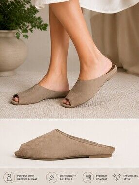 Scoop Faux Suede Peep Toe Mule Flats Size 8 Taupe New NWT